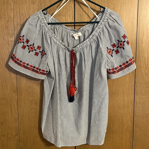 LOFT Pinstriped Embroidered Blouse - Picture 1 of 4